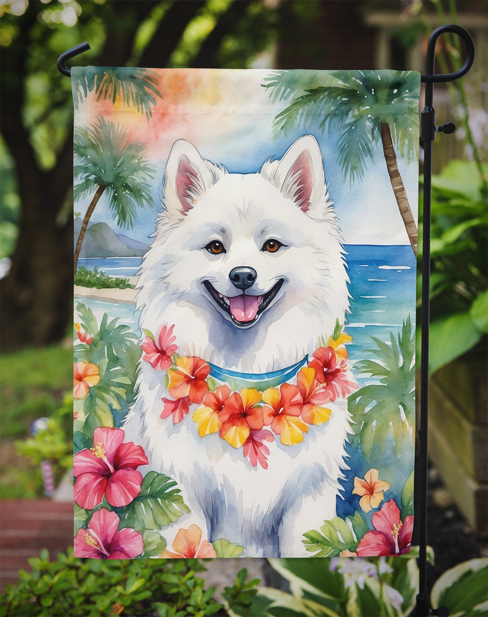 American Eskimo Luau Garden Flag – Tropical Dog Decor with Hibiscus & Palm Leaves