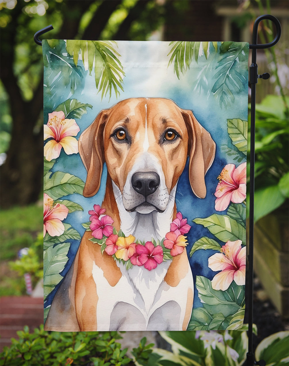 American Foxhound Luau Garden Flag – Tropical Dog Decor with Hibiscus & Palm Leaves