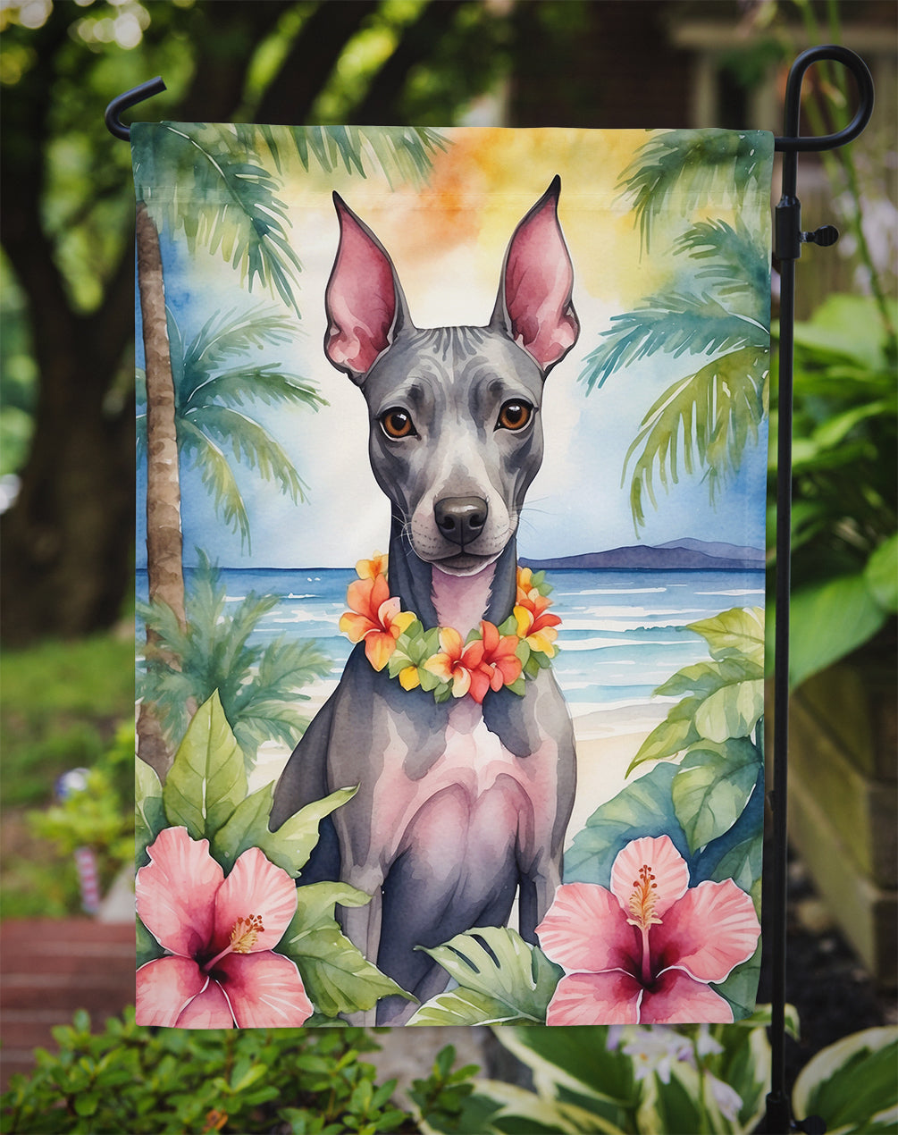American Hairless Terrier Luau Garden Flag – Tropical Dog Decor with Hibiscus & Palm Leaves
