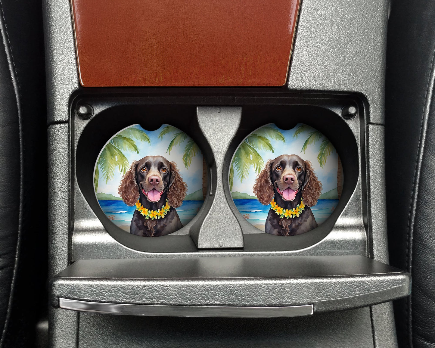 American Water Spaniel Luau Car Coasters – Set of 2 - Absorbent Stone with Fun & Functional Artwork