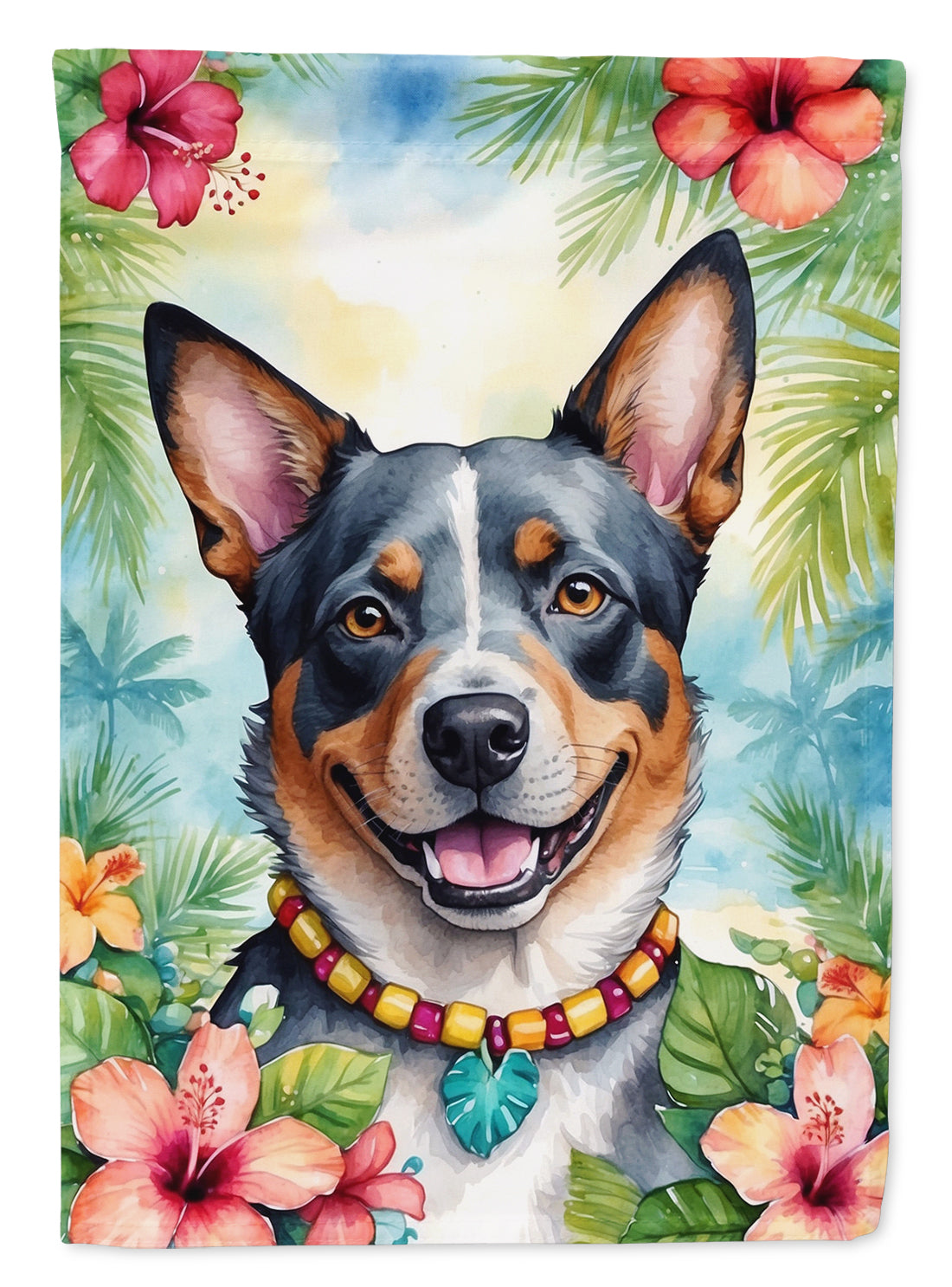 Australian Cattle Dog Luau Garden Flag – Tropical Dog Decor with Hibiscus & Palm Leaves