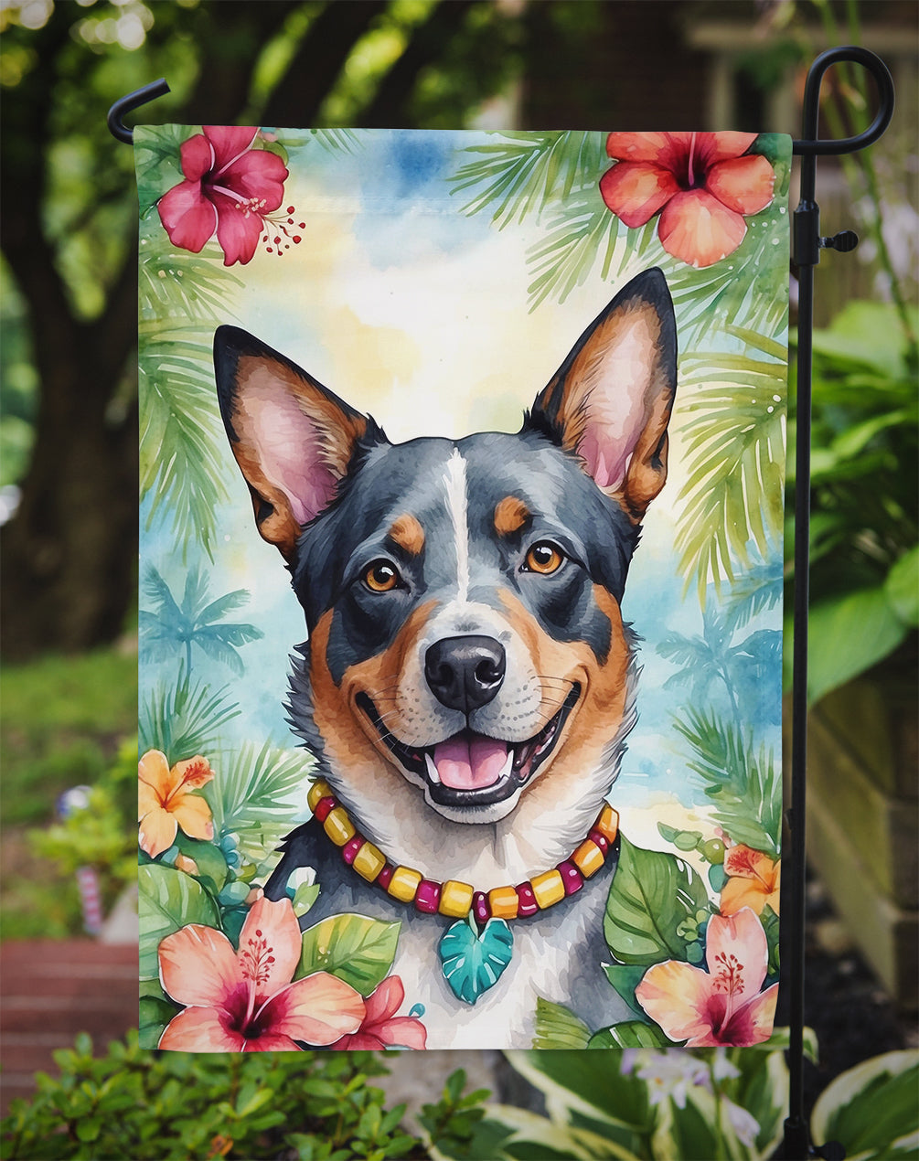 Australian Cattle Dog Luau Garden Flag – Tropical Dog Decor with Hibiscus & Palm Leaves
