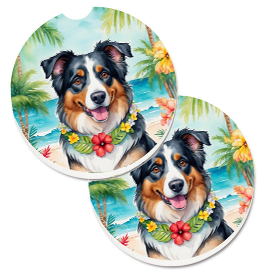 Australian Shepherd Luau Car Coasters – Set of 2 - Absorbent Stone with Fun & Functional Artwork