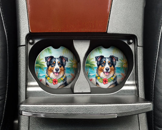 Australian Shepherd Luau Car Coasters – Set of 2 - Absorbent Stone with Fun & Functional Artwork