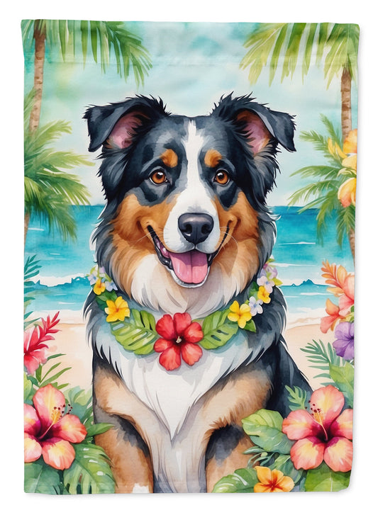 Australian Shepherd Luau Garden Flag – Tropical Dog Decor with Hibiscus & Palm Leaves