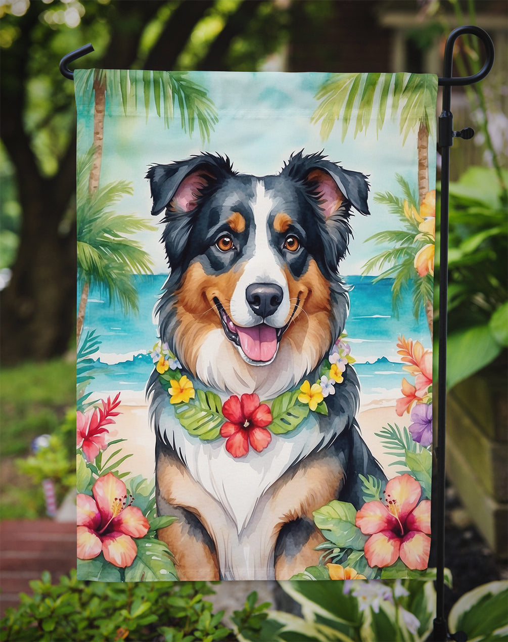 Australian Shepherd Luau Garden Flag – Tropical Dog Decor with Hibiscus & Palm Leaves