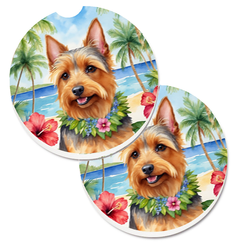 Australian Terrier Luau Car Coasters – Set of 2 - Absorbent Stone with Fun & Functional Artwork