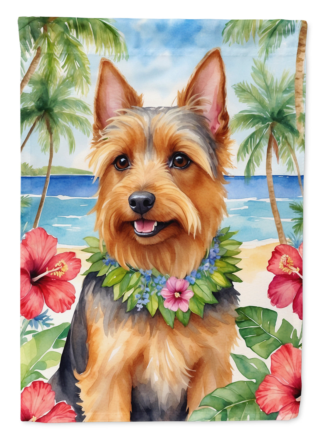 Australian Terrier Luau Garden Flag – Tropical Dog Decor with Hibiscus & Palm Leaves