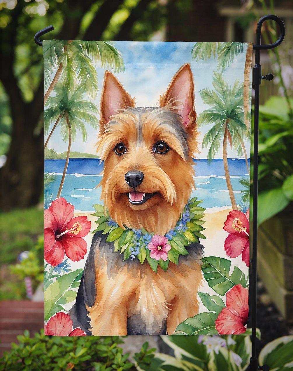 Australian Terrier Luau Garden Flag – Tropical Dog Decor with Hibiscus & Palm Leaves