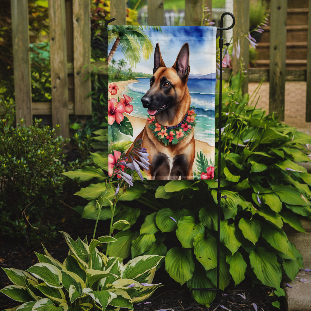 Belgian Malinois Luau Garden Flag – Tropical Dog Decor with Hibiscus & Palm Leaves