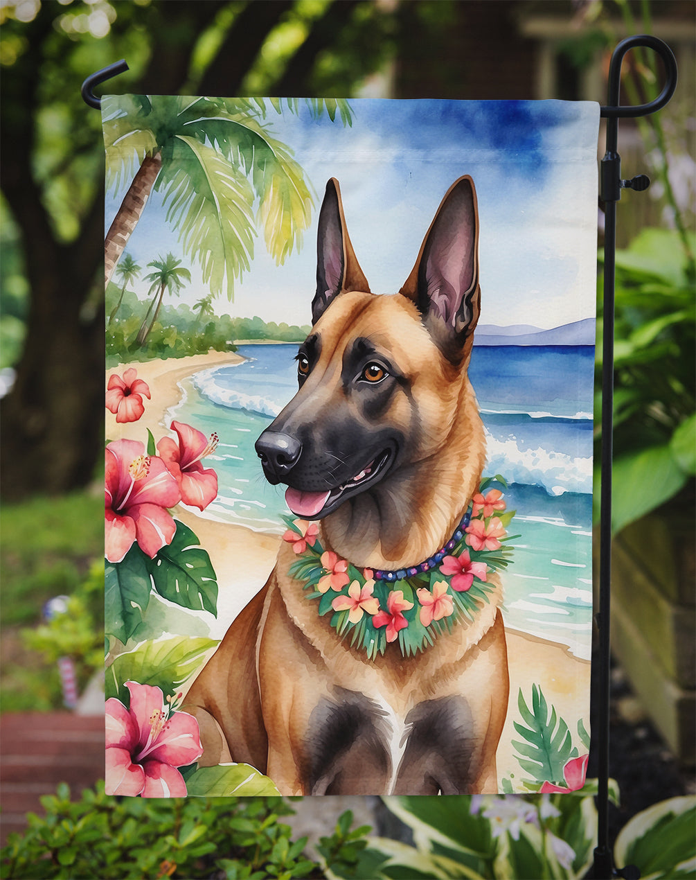 Belgian Malinois Luau Garden Flag – Tropical Dog Decor with Hibiscus & Palm Leaves