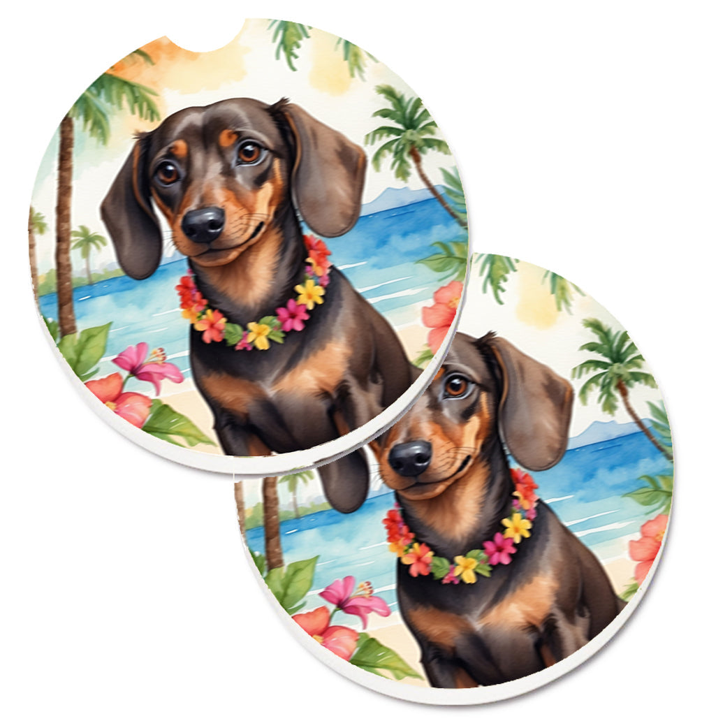 Dachshund Luau Car Coasters – Set of 2 - Absorbent Stone with Fun & Functional Artwork