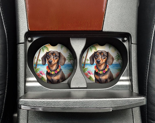Dachshund Luau Car Coasters – Set of 2 - Absorbent Stone with Fun & Functional Artwork