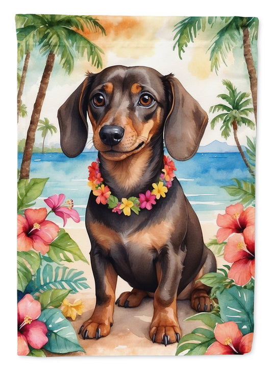 Dachshund Luau Garden Flag – Tropical Dog Decor with Hibiscus & Palm Leaves