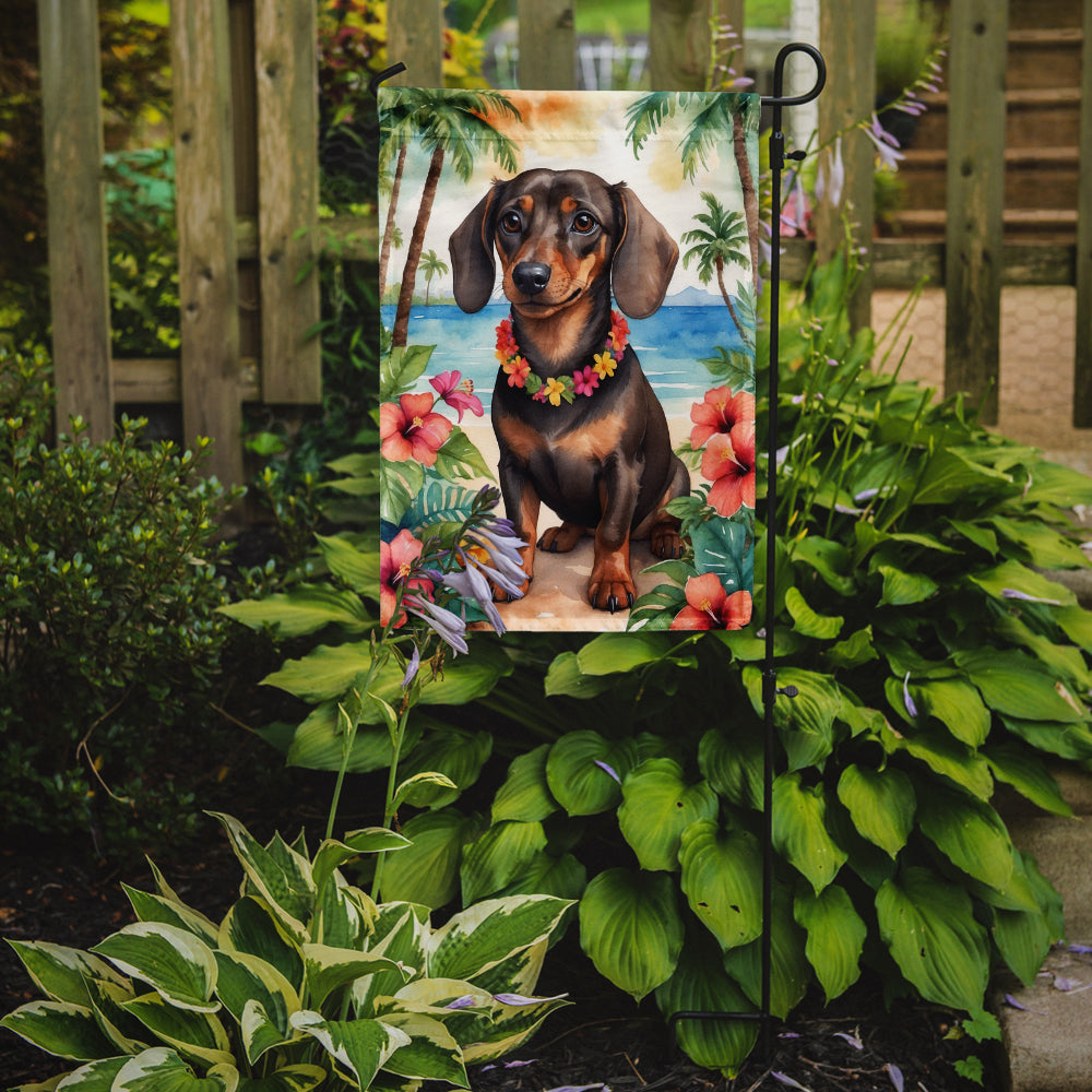 Dachshund Luau Garden Flag – Tropical Dog Decor with Hibiscus & Palm Leaves