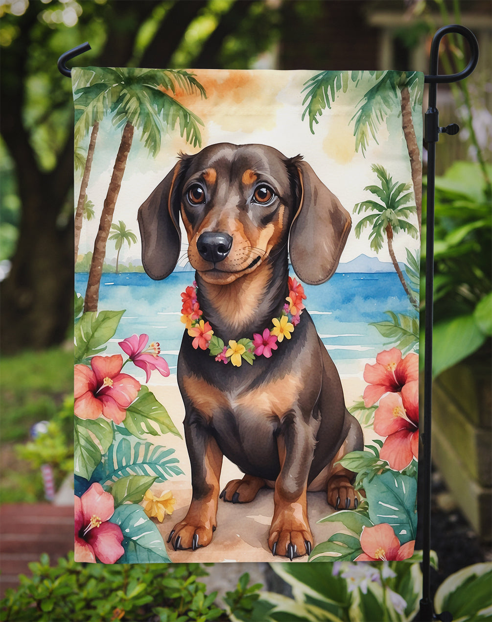 Dachshund Luau Garden Flag – Tropical Dog Decor with Hibiscus & Palm Leaves
