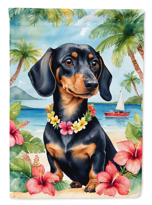 Dachshund Luau Garden Flag – Tropical Dog Decor with Hibiscus & Palm Leaves