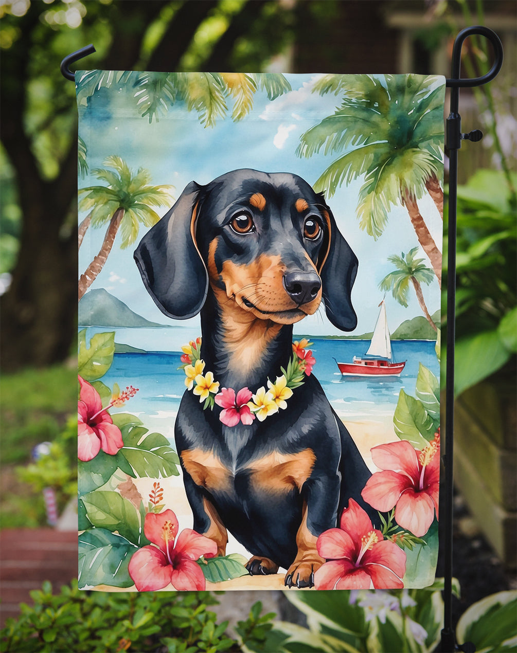 Dachshund Luau Garden Flag – Tropical Dog Decor with Hibiscus & Palm Leaves