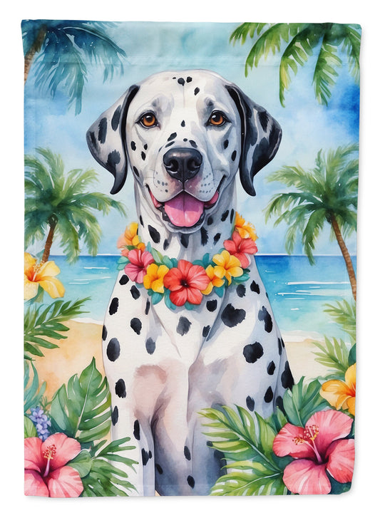 Dalmatian Luau Garden Flag – Tropical Dog Decor with Hibiscus & Palm Leaves