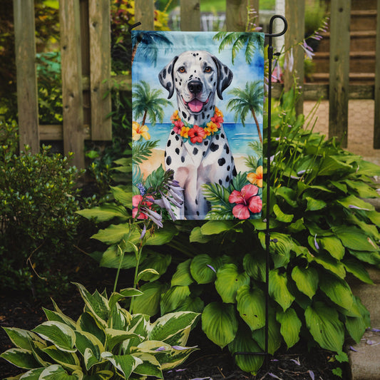 Dalmatian Luau Garden Flag – Tropical Dog Decor with Hibiscus & Palm Leaves