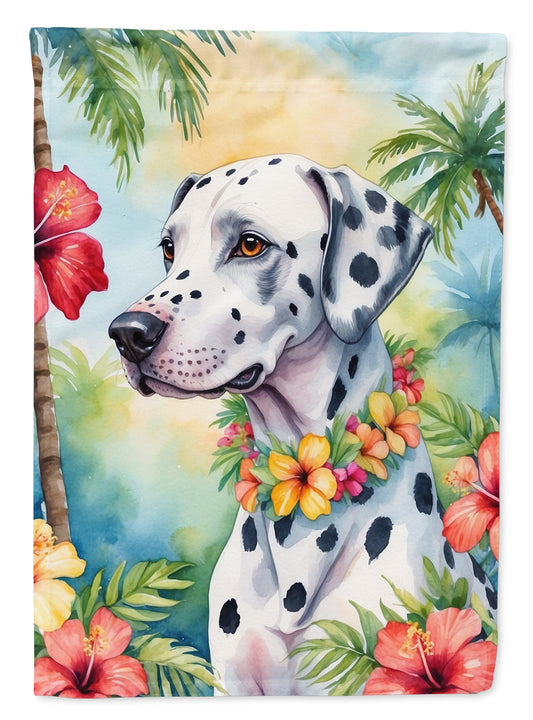 Dalmatian Luau Garden Flag – Tropical Dog Decor with Hibiscus & Palm Leaves