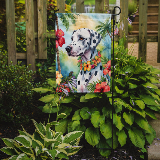 Dalmatian Luau Garden Flag – Tropical Dog Decor with Hibiscus & Palm Leaves
