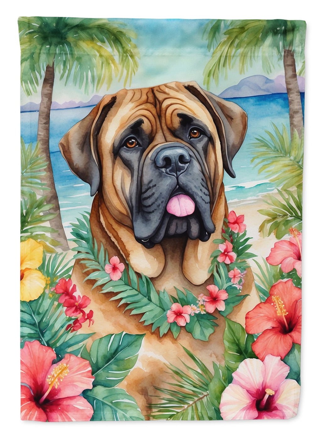 Mastiff Luau Garden Flag – Tropical Dog Decor with Hibiscus & Palm Leaves