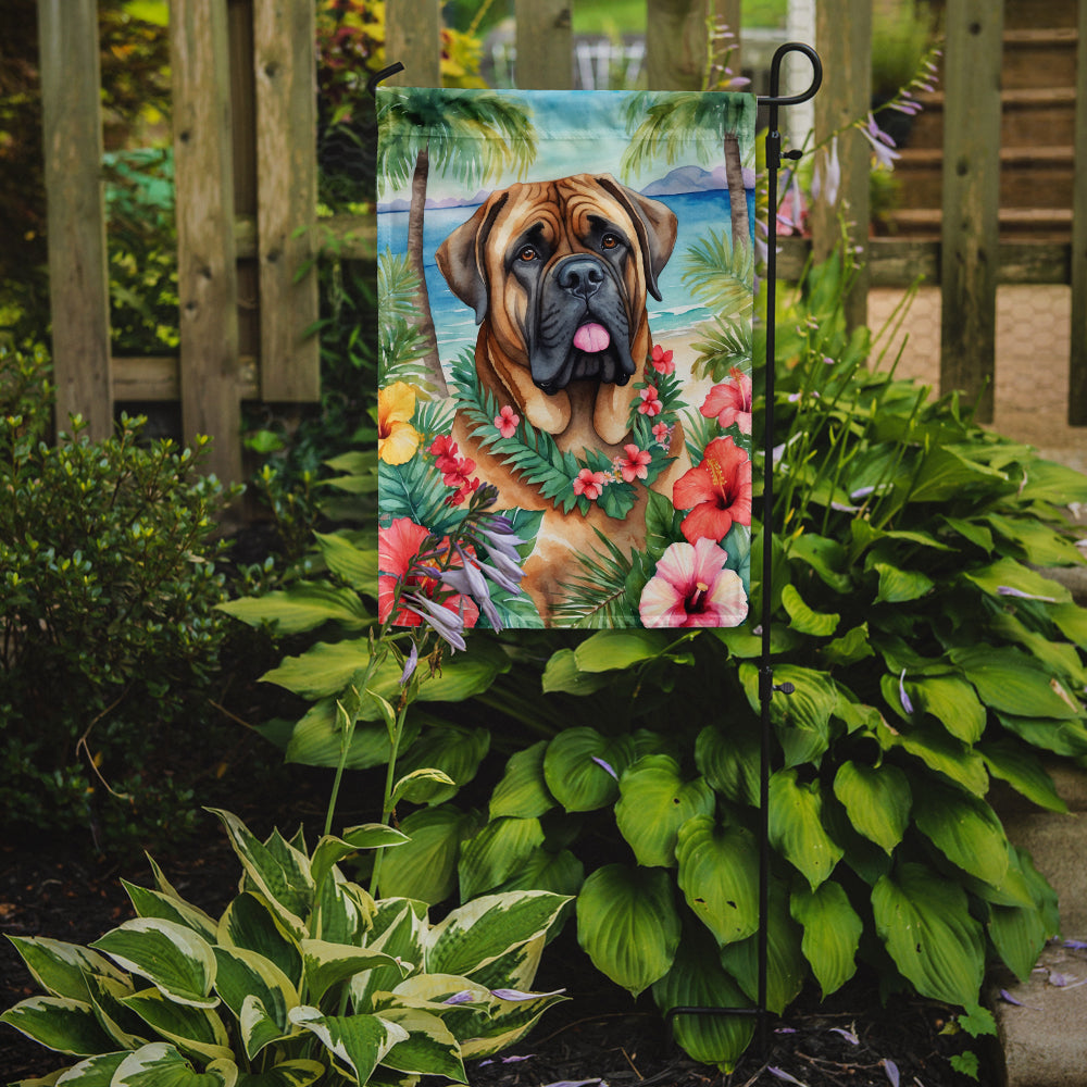 Mastiff Luau Garden Flag – Tropical Dog Decor with Hibiscus & Palm Leaves