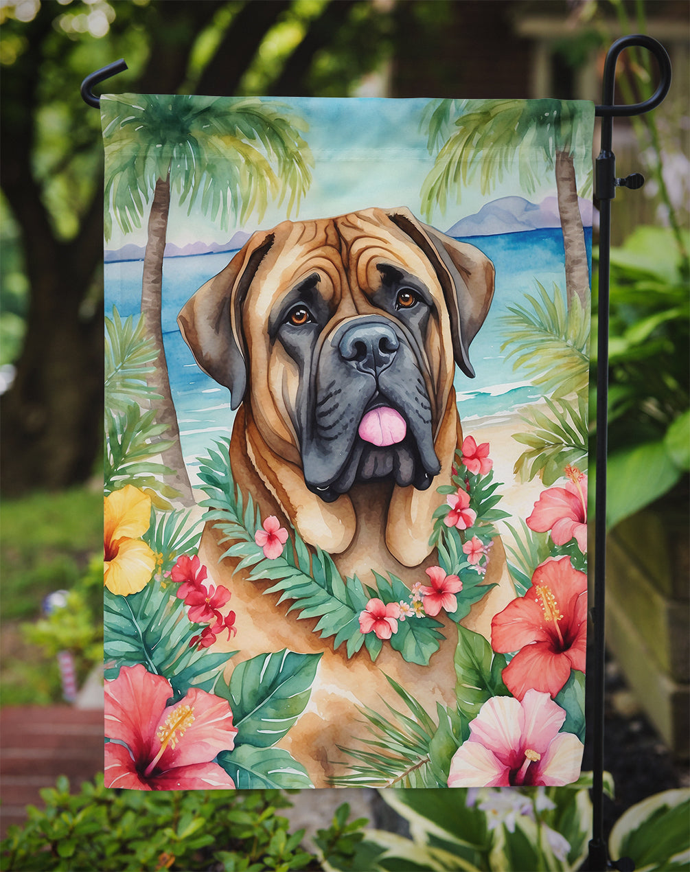 Mastiff Luau Garden Flag – Tropical Dog Decor with Hibiscus & Palm Leaves