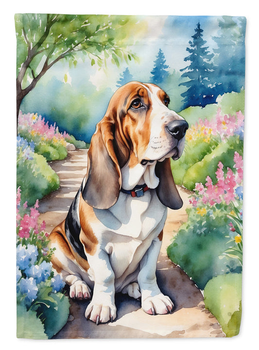 Basset Hound Spring Path Garden Flag  – Dog-Themed Floral Outdoor Decor