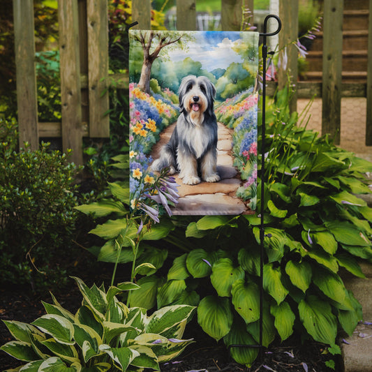 Bearded Collie Spring Path Garden Flag  – Dog-Themed Floral Outdoor Decor