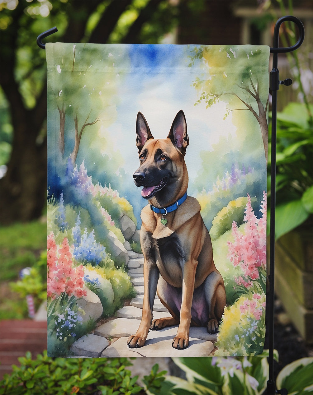 Belgian Malinois Spring Path Garden Flag  – Dog-Themed Floral Outdoor Decor