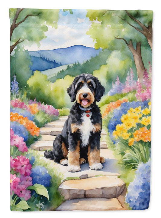 Bernedoodle Spring Path Garden Flag  – Dog-Themed Floral Outdoor Decor