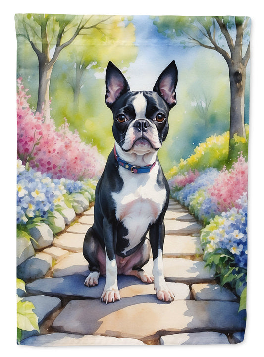 Boston Terrier Spring Path Garden Flag  – Dog-Themed Floral Outdoor Decor