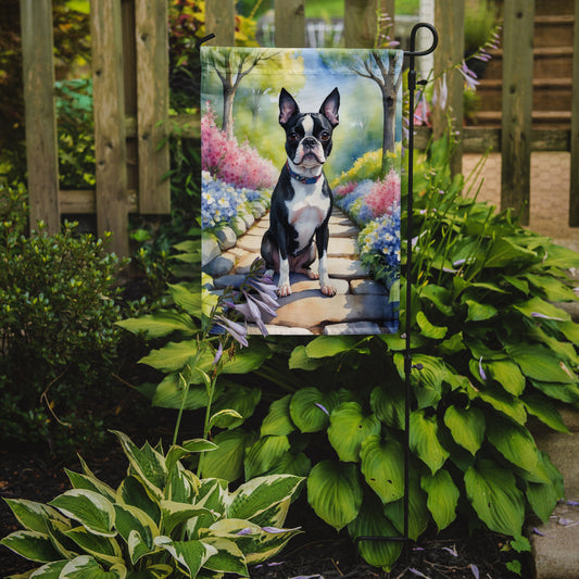 Boston Terrier Spring Path Garden Flag  – Dog-Themed Floral Outdoor Decor