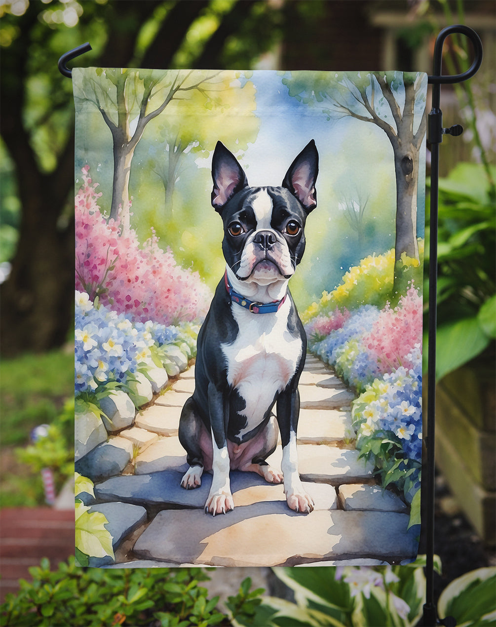 Boston Terrier Spring Path Garden Flag  – Dog-Themed Floral Outdoor Decor