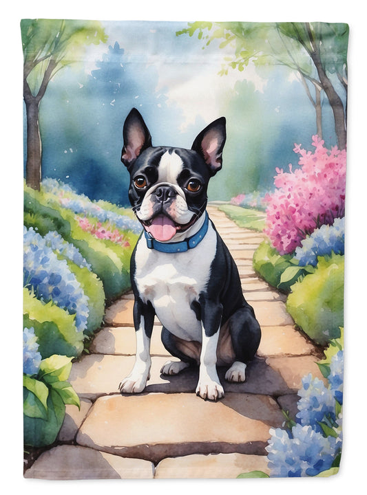 Boston Terrier Spring Path Garden Flag  – Dog-Themed Floral Outdoor Decor