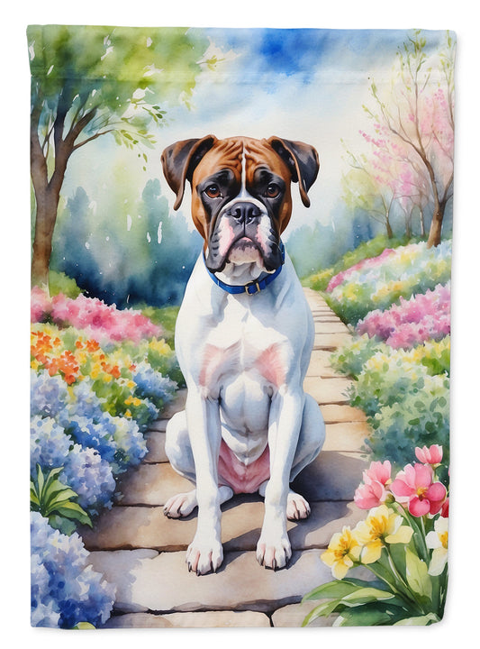 Boxer Spring Path Garden Flag  – Dog-Themed Floral Outdoor Decor