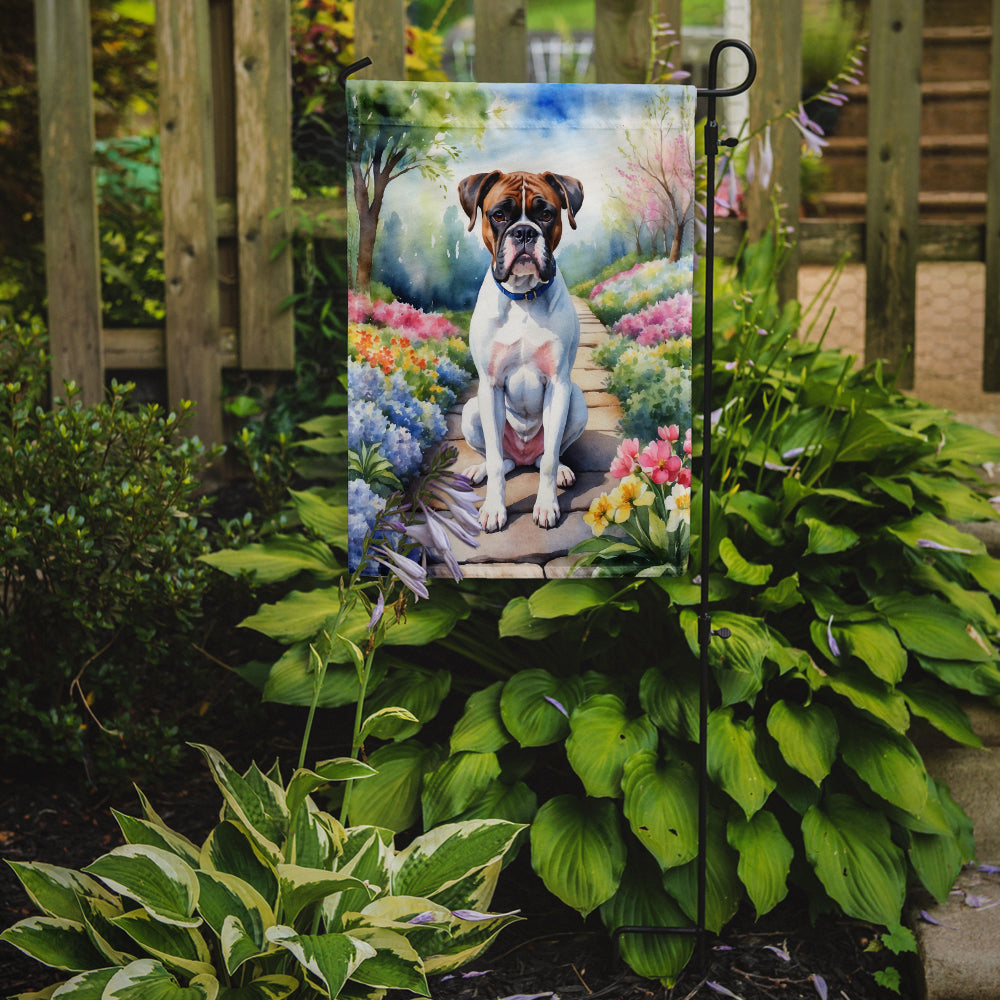 Boxer Spring Path Garden Flag  – Dog-Themed Floral Outdoor Decor