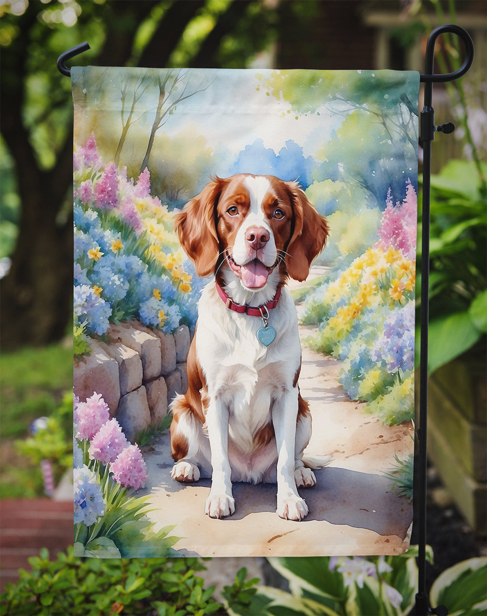 Brittany Spaniel Spring Path Garden Flag  – Dog-Themed Floral Outdoor Decor