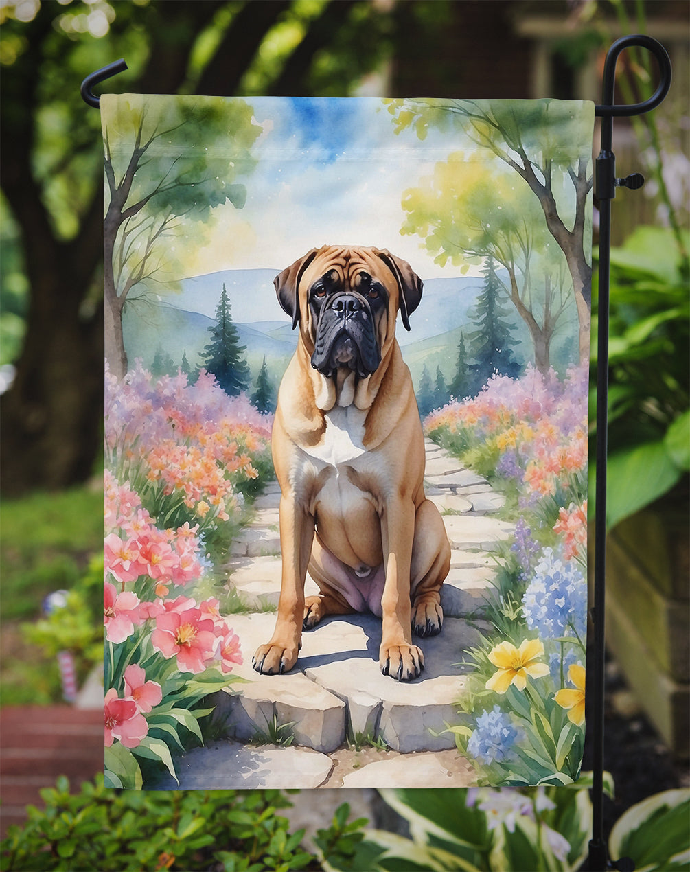 Bullmastiff Spring Path Garden Flag  – Dog-Themed Floral Outdoor Decor