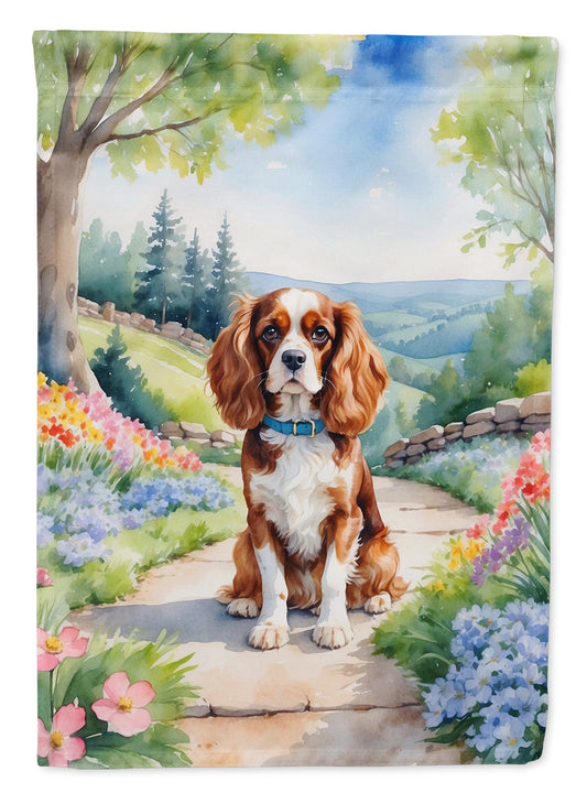 Cavalier Spaniel Spring Path Garden Flag  – Dog-Themed Floral Outdoor Decor