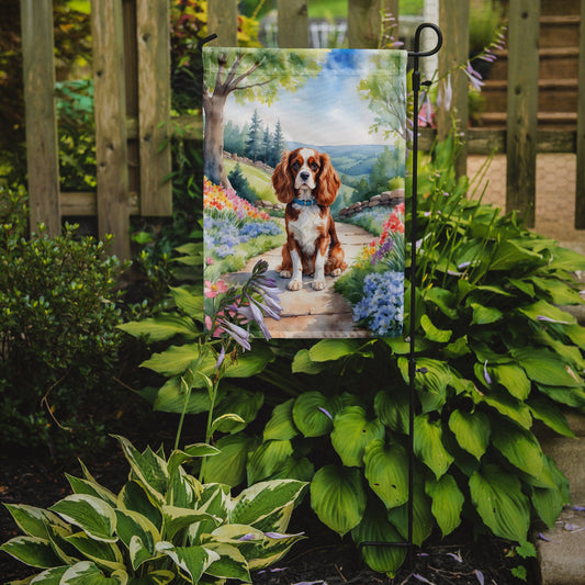 Cavalier Spaniel Spring Path Garden Flag  – Dog-Themed Floral Outdoor Decor