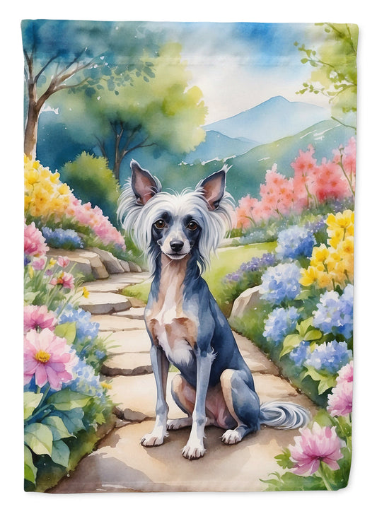 Chinese Crested Spring Path Garden Flag  – Dog-Themed Floral Outdoor Decor