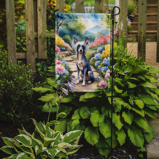 Chinese Crested Spring Path Garden Flag  – Dog-Themed Floral Outdoor Decor