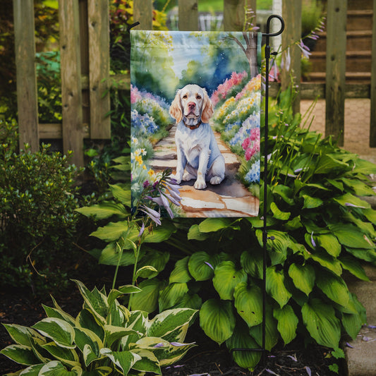 Clumber Spaniel Spring Path Garden Flag  – Dog-Themed Floral Outdoor Decor