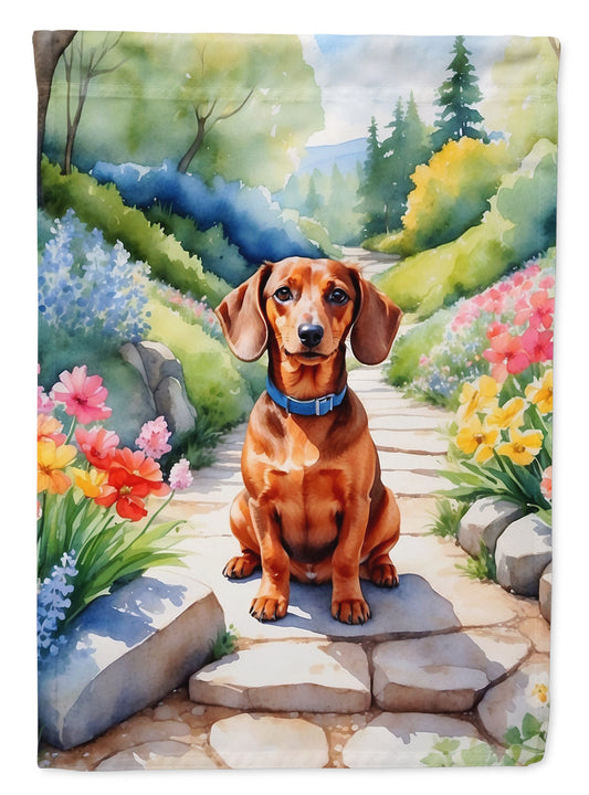 Dachshund Spring Path Garden Flag  – Dog-Themed Floral Outdoor Decor