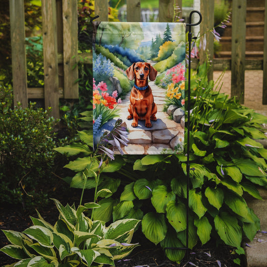 Dachshund Spring Path Garden Flag  – Dog-Themed Floral Outdoor Decor