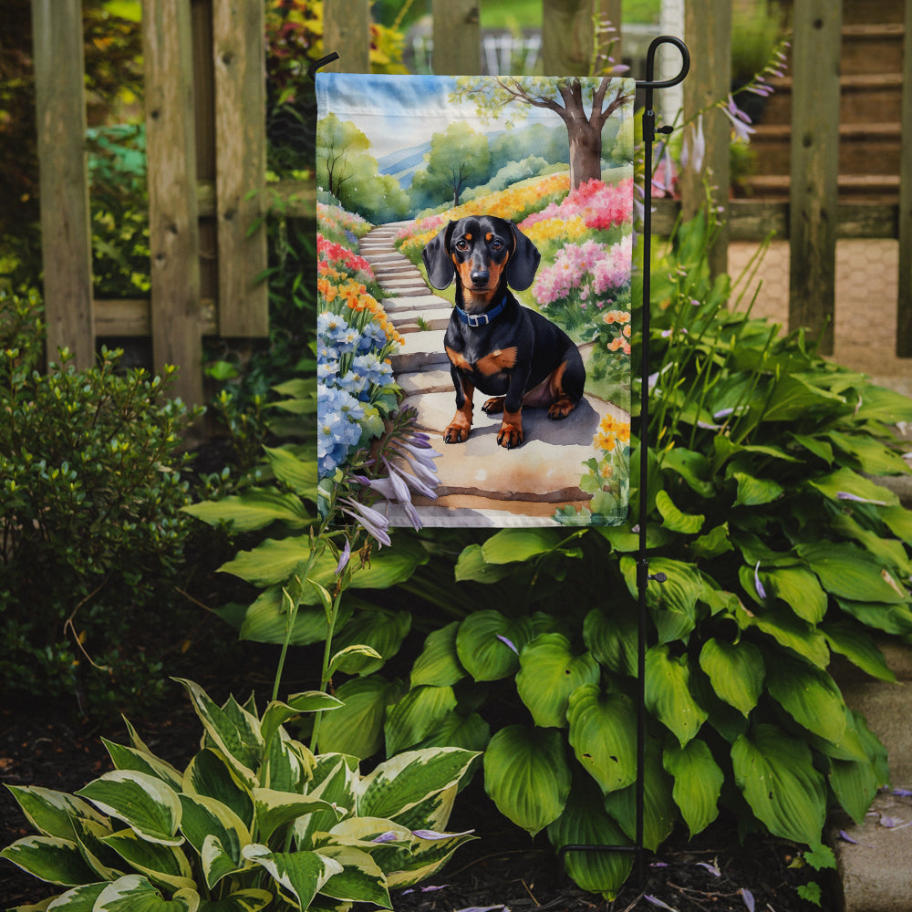 Dachshund Spring Path Garden Flag  – Dog-Themed Floral Outdoor Decor