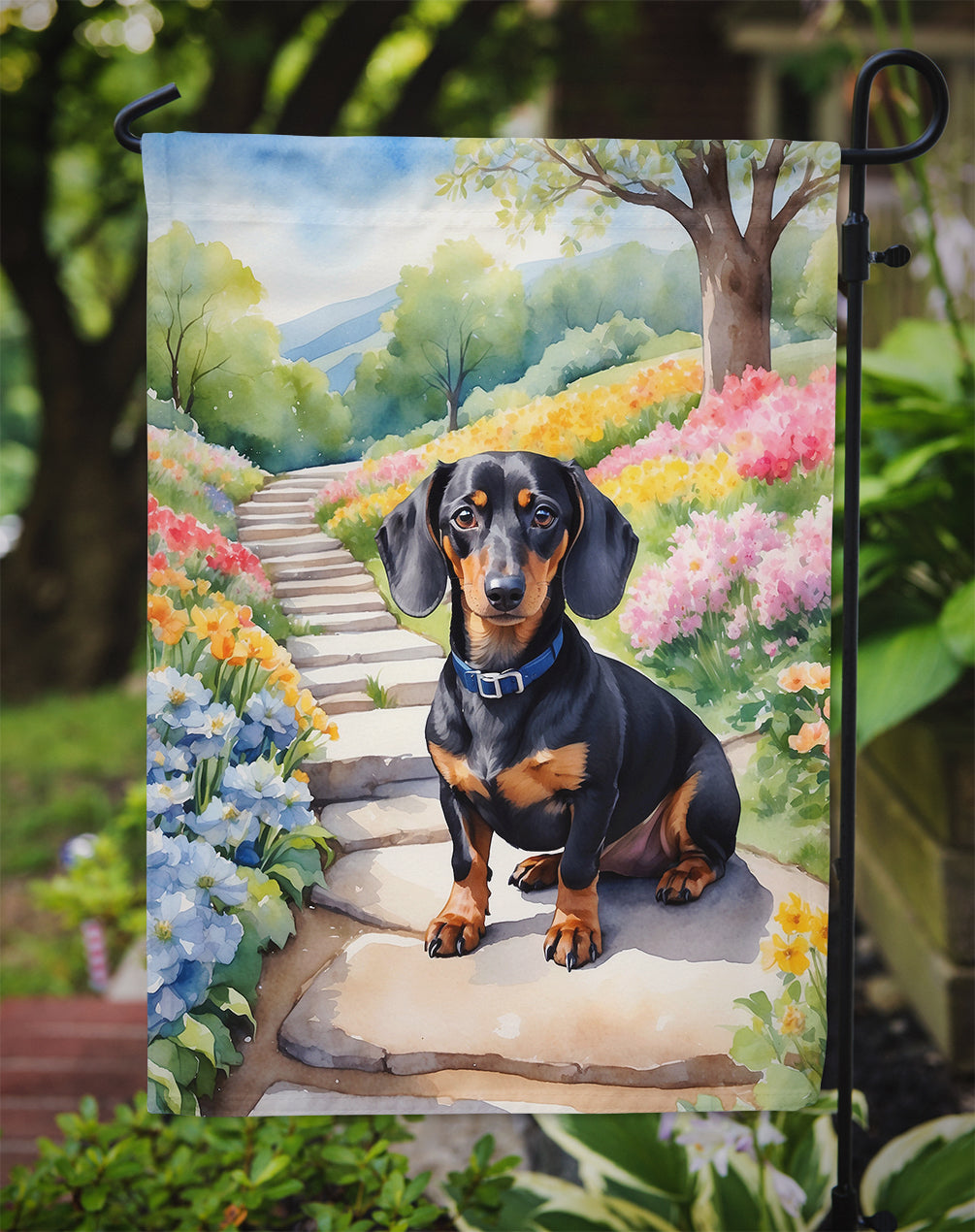 Dachshund Spring Path Garden Flag  – Dog-Themed Floral Outdoor Decor